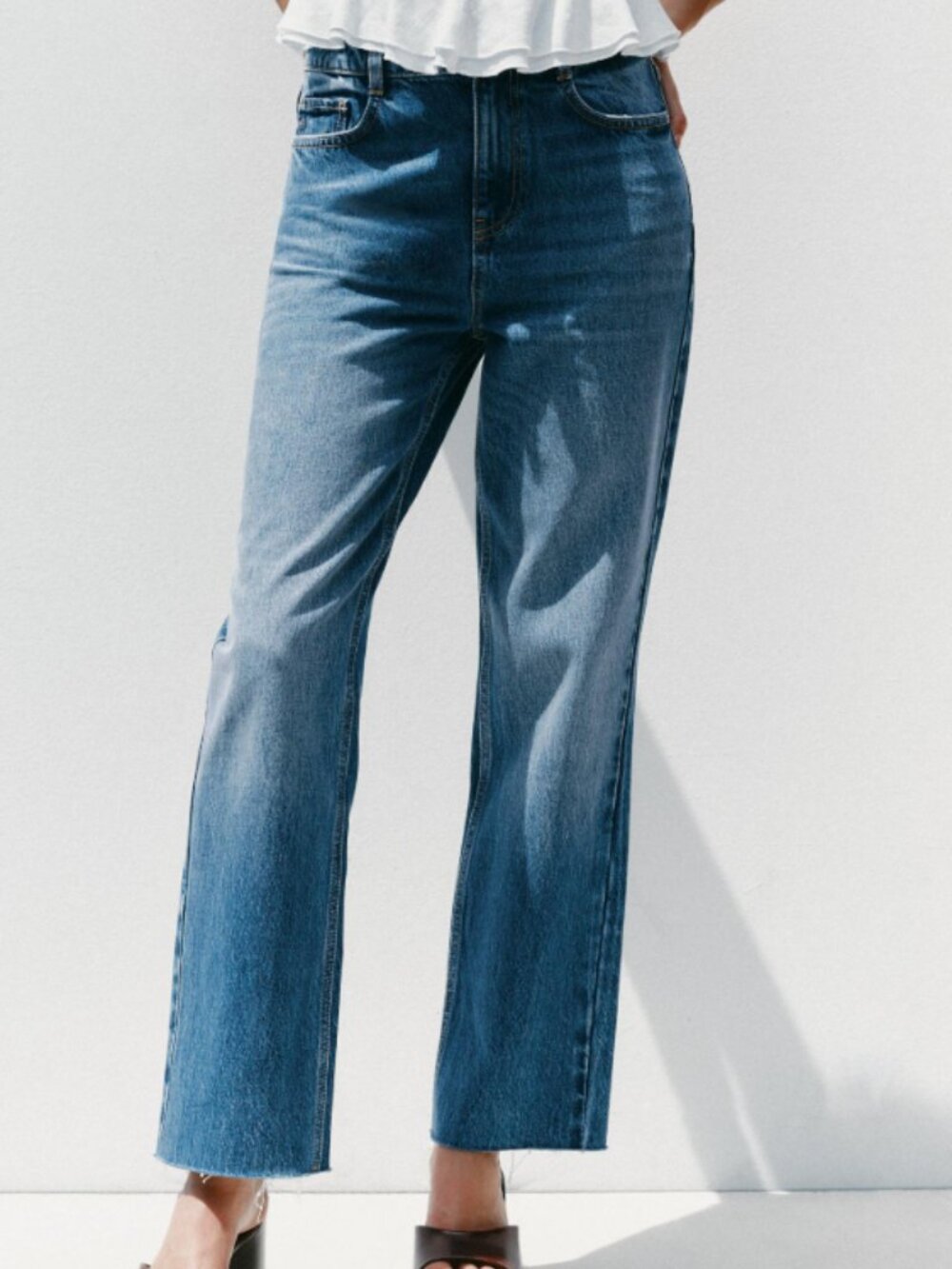 Zara Z.02 High Rise Straight Leg Jeans Blue Raw Hem Size 0